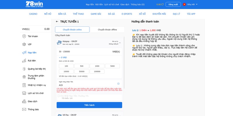 Chỉ dẫn nạp 78WIN nhanh chóng dành cho người chơi mới